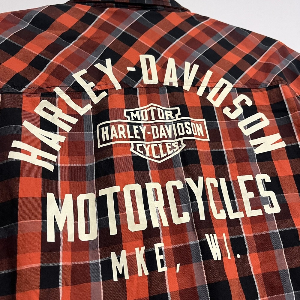 Harley Davidson Men's 2XL Orange Plaid Motorcyle Mechanic Short Sleeve Shirt